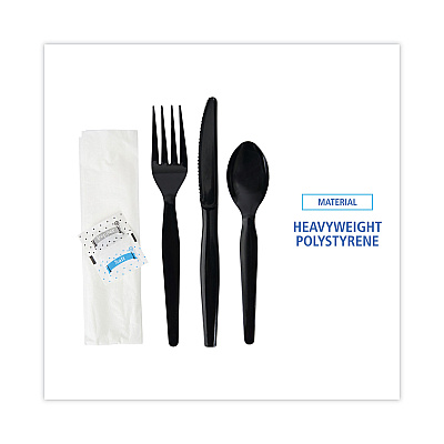 Boardwalk Six-Piece Cutlery Kit, Condiment/Fork/Knife/Napkin/Spoon, Heavyweight, Black, 250/Carton (BWKFKTNSHWPSBLA)
