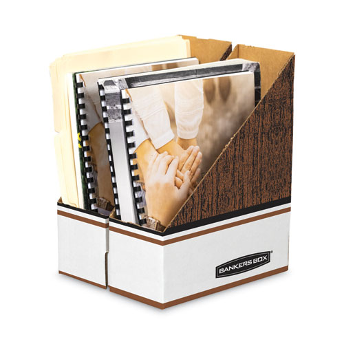 Bankers Box Corrugated Cardboard Magazine File, 4 x 9 x 11.5, Wood Grain, 12/Carton (07223)