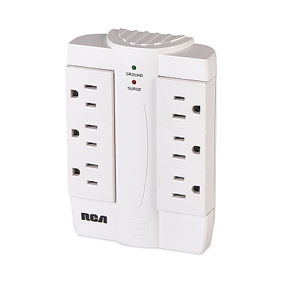 RCA 6 Outlet Swivel Surge Protector, 6 AC Outlets, 1,200 J, White (VOXPSWTS6FV)