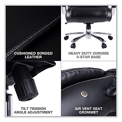 Alera Maxxis Series Big/Tall Bonded Leather Chair, Supports 500 lb, 19.7" to 25" Seat Height, Black Seat/Back, Chrome Base (ALEMS4419)