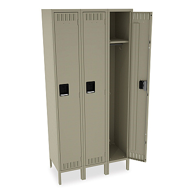 Tennsco Single-Tier Locker with Legs, Three Lockers with Hat Shelves and Coat Rods, 36w x 18d x 78h, Sand (TNNSTS1218723SD)
