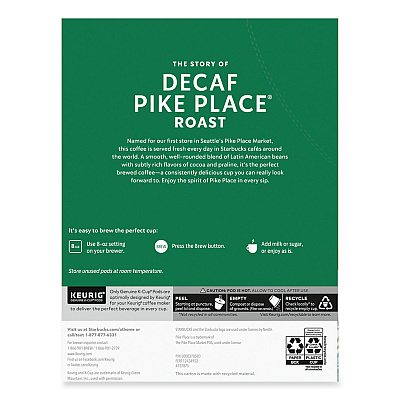 Starbucks Pike Place Decaf Coffee K-Cups, 96/Carton (SBK011111161CT)