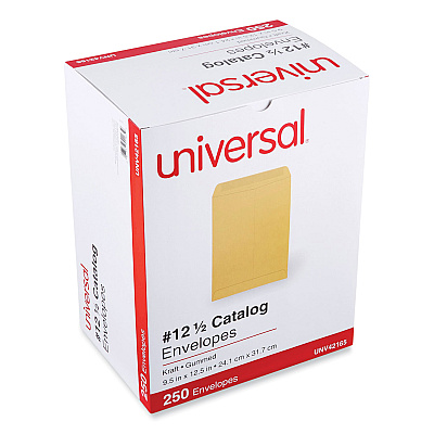 Universal Catalog Envelope, 28 lb Bond Weight Kraft, #12 1/2, Square Flap, Gummed Closure, 9.5 x 12.5, Brown Kraft, 250/Box (UNV42165)