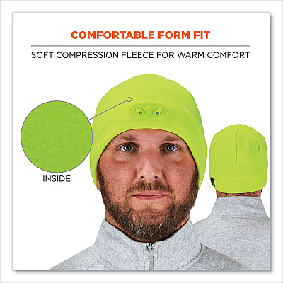 ergodyne N-Ferno 6804 Skull Cap Winter Hat with LED Lights, One Size Fits Mosts, Lime (EGO16802)