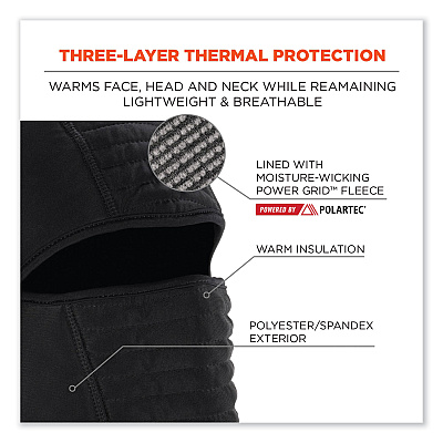 ergodyne N-Ferno 6955 Insulated 3-Layer Balaclava Face Mask, Polartec FR Power Grid Fleece/Polyester/Spandex, One Size, Black (EGO16955)
