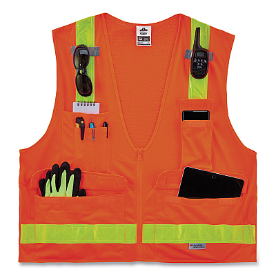 ergodyne GloWear 8250ZHG Class 2 Hi-Gloss Surveyors Zipper Vest, Polyester, 2X-Large/3X-Large, Orange (EGO21437)