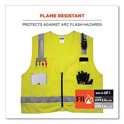 ergodyne GloWear 8262FRZ Class 2 FR Surveyor Zipper Vest, Tencel/Modacrylic/Para-aramid/Kevlar, Small/Medium, Lime (EGO21483)