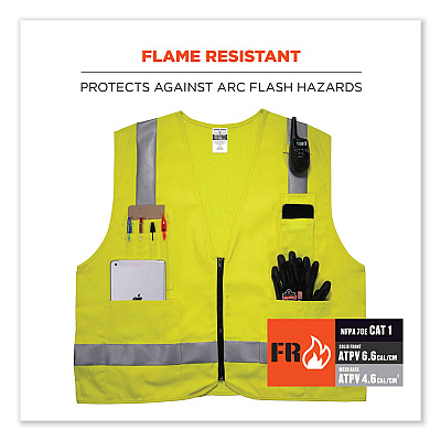 ergodyne GloWear 8262FRZ Class 2 FR Surveyor Zip Vest, Tencel/Modacrylic/Para-aramid/Kevlar, 4X-Large/5X-Large, Lime (EGO21489)