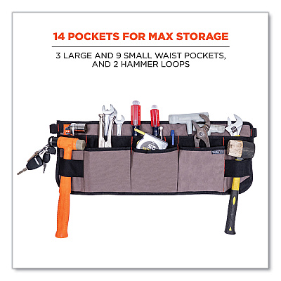 ergodyne Arsenal 5707 Canvas Waist Apron, 14 Compartments, 25.5 x 34, Canvas, Gray (EGO13698)