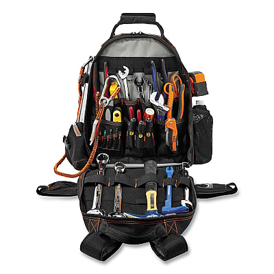 ergodyne Arsenal 5843 Tool Backpack Dual Compartment, 26 Compartments, 8.5 x 13.5 x 18, Ballistic Polyester, Black/Gray (EGO13743)