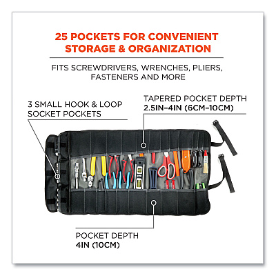 ergodyne Arsenal 5870 Tool Roll-Up, 25 Compartments, 27 x 14.5, Polyester, Gray (EGO13770)
