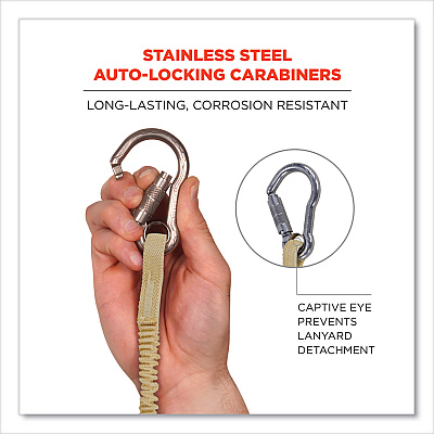 ergodyne Squids 3121 Burn + CR Aramid Tool Lanyard with Steel Carabiners, 10 lb Max Working Capacity, 38" to 48" Long, Yellow (EGO19721)