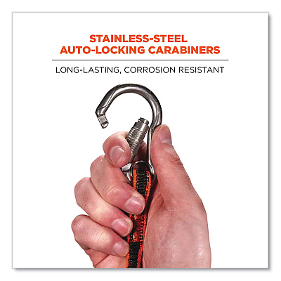 ergodyne Squids 3111F(x) Tool Lanyard with Stainless Steel Carabiners,15 lb Max Working Capacity, 38" to 48" Long, Orange/Gray (EGO19823)