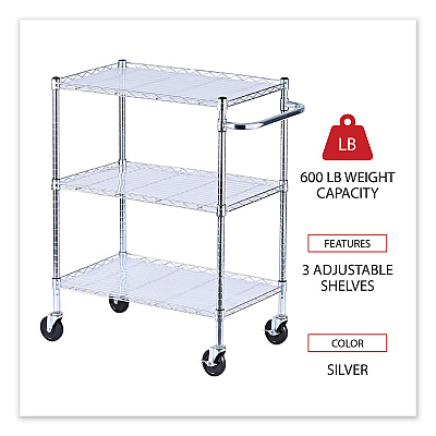 Alera Three-Shelf Wire Cart with Liners, Metal, 3 Shelves, 600 lb Capacity, 34.21" x 18" x 40", Silver (ALESW333018SR)