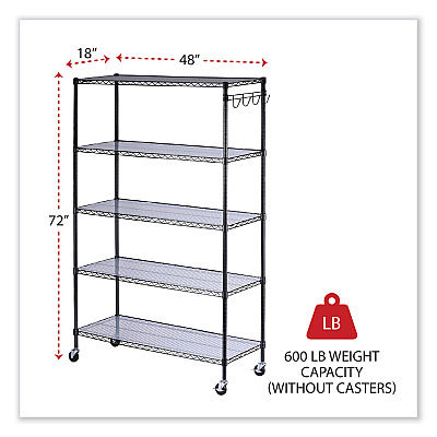 Alera 5-Shelf Wire Shelving Kit with Casters and Shelf Liners, 48w x 18d x 72h, Black Anthracite (ALESW654818BA)