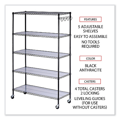 Alera 5-Shelf Wire Shelving Kit with Casters and Shelf Liners, 48w x 18d x 72h, Black Anthracite (ALESW654818BA)