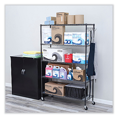 Alera 5-Shelf Wire Shelving Kit with Casters and Shelf Liners, 48w x 18d x 72h, Black Anthracite (ALESW654818BA)