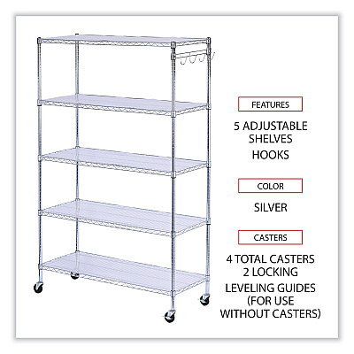 Alera 5-Shelf Wire Shelving Kit with Casters and Shelf Liners, 48w x 18d x 72h, Silver (ALESW654818SR)