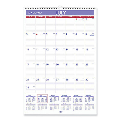 AT-A-GLANCE Academic Monthly Wall Calendar, 15.5 x 22.75, White/Violet/Red Sheets, 12-Month (July-June): 2022-2023 (AY32823)