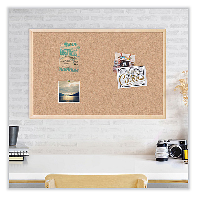 U Brands Cork Bulletin Board, 35 x 23, Tan Surface, Birch Wood Frame (UBR266U0001)