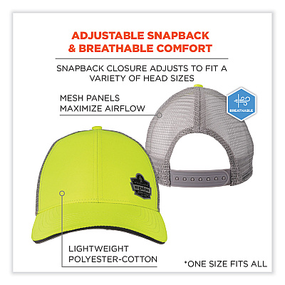 GloWear 8933 Reflective Snapback Hat, Cotton/Polyester, Ergodyne Logo, One Size Fits Most, Hi-Vis Lime (EGO23244)