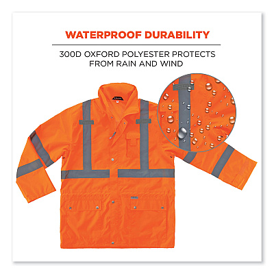 ergodyne GloWear 8365 Class 3 Hi-Vis Rain Jacket, Polyester, Large, Orange (EGO24314)