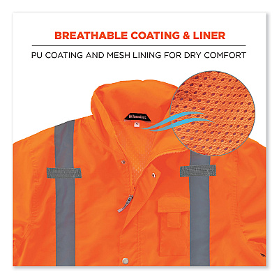 ergodyne GloWear 8365 Class 3 Hi-Vis Rain Jacket, Polyester, Large, Orange (EGO24314)