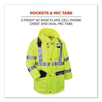ergodyne GloWear 8365 Class 3 Hi-Vis Rain Jacket, Polyester, X-Large, Lime (EGO24325)
