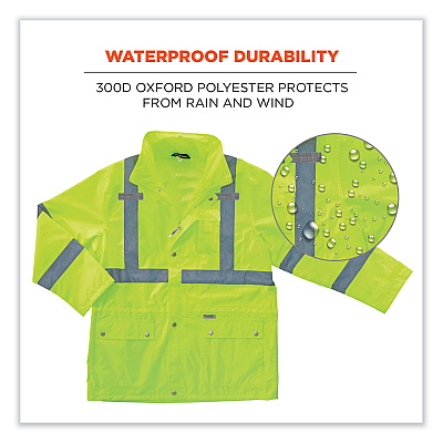 ergodyne GloWear 8365 Class 3 Hi-Vis Rain Jacket, Polyester, 2X-Large, Lime (EGO24326)