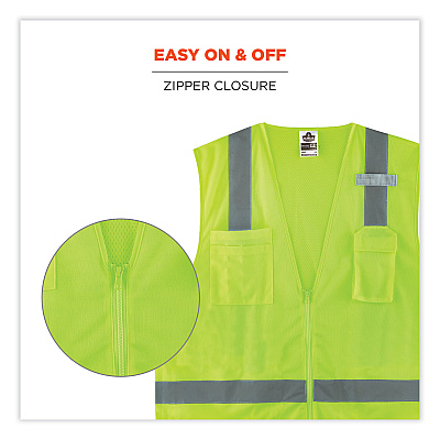 ergodyne GloWear 8249Z-S Single Size Class 2 Economy Surveyors Zipper Vest, Polyester, X-Small, Lime (EGO24501)