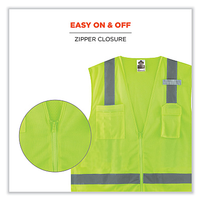 ergodyne GloWear 8249Z-S Single Size Class 2 Economy Surveyors Zipper Vest, Polyester, Small, Lime (EGO24502)