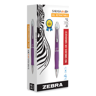 Zebra Sarasa Dry X10 Gel Pen, Retractable, Medium 0.7 mm, Violet Ink, Violet/Silver Barrel, 12/Pack (ZEB42680)