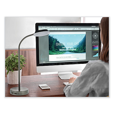 BLACK+DECKER PureOptics LED Adjustable Gooseneck Desk Lamp with Two USB Ports, 14.12" High, Silver Base (VLED625D)