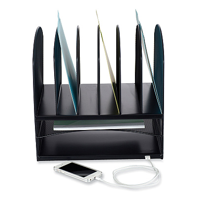 Safco Powered Onyx Desk Organizer with 2 Horizontal and 6 Upright Sections, Letter Size Files, 13.5 x 11.5 x 13, Black (SAF3233BL)