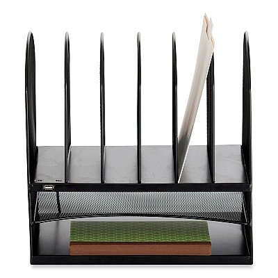 Safco Powered Onyx Desk Organizer with 2 Horizontal and 6 Upright Sections, Letter Size Files, 13.5 x 11.5 x 13, Black (SAF3233BL)