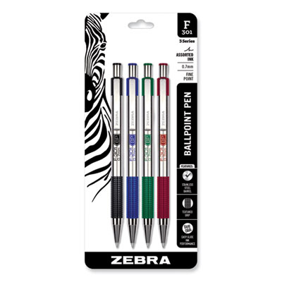 Zebra F-301 Ballpoint Pen, Retractable, Fine 0.7 mm, Assorted Ink and Barrel Colors, 4/Pack (ZEB27174)