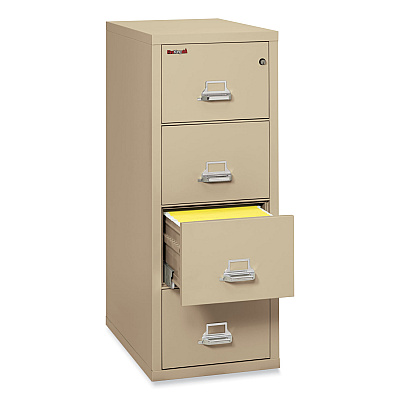 FireKing Insulated Vertical File, 1-Hour Fire Protection, 4 Legal-Size File Drawers, Parchment, 20.81" x 31.56" x 52.75" (FIR42131CPA)