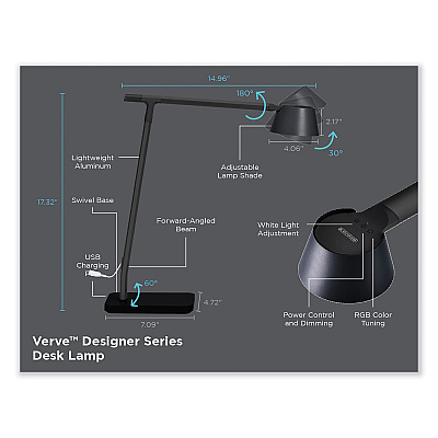 BLACK+DECKER PureOptics Verve Designer Series LED Desk Lamp with USB Port, 17.32" High, Black (LED2200USBBK)