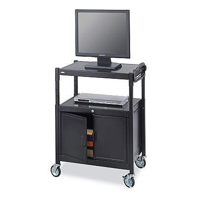 Safco Steel Adjustable AV Cart with Cabinet, Metal, 3 Shelf, 6 AC Outlets, 40 lb Capacity, 26.75 x 20.5 x 42, Black (SAF8943BL)