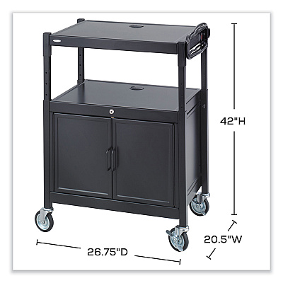 Safco Steel Adjustable AV Cart with Cabinet, Metal, 3 Shelf, 6 AC Outlets, 40 lb Capacity, 26.75 x 20.5 x 42, Black (SAF8943BL)