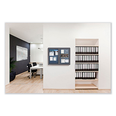 Ghent Ovation 1 Door Enclosed Beige Fabric Bulletin Board with Gray Frame, 24.13 x 33.75, Aluminum Frame (GHEOVG1F90)