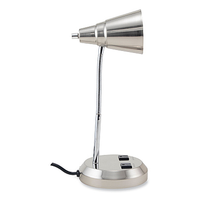 V-Light LED Gooseneck Desk Lamp with Charging Outlets, Gooseneck,15" High, Brushed Steel (VLUVS20105BN)