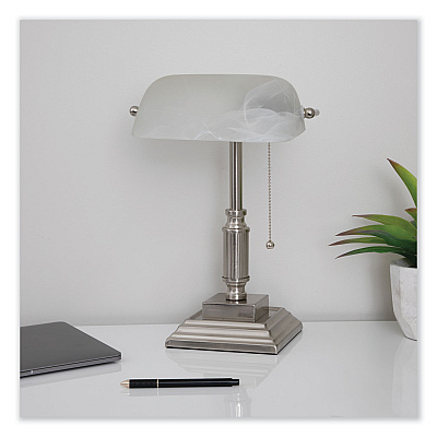V-Light LED Bankers Lamp with Frosted Shade, 14.75" High, Brushed Nickel (VLU8VS688029BN)