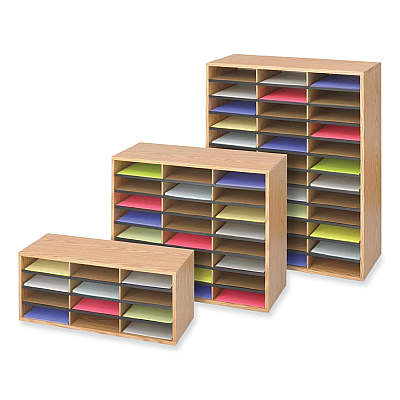 Safco Wood/Corrugated Literature Organizer, 12 Compartments, 29 x 12 x 12, Medium Oak (SAF9401MO)