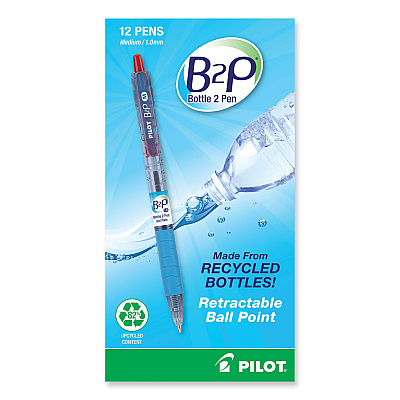Pilot B2P Bottle-2-Pen Recycled Ballpoint Pen, Retractable, Medium 1 mm, Red Ink, Translucent Blue Barrel, Dozen (PIL32802)
