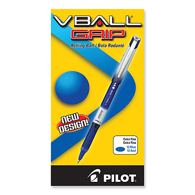 Pilot VBall Grip Liquid Ink Roller Ball Pen, Stick, Extra-Fine 0.5 mm, Blue Ink, Blue/White Barrel, Dozen (PIL35471)