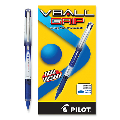 Pilot VBall Grip Liquid Ink Roller Ball Pen, Stick, Extra-Fine 0.5 mm, Blue Ink, Blue/White Barrel, Dozen (PIL35471)