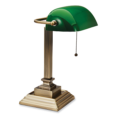 V-Light LED Banker's Lamp with Green Shade, USB Charging Port, Candlestick Neck, 15" High, Antique Brass (VLUSVCA150402GR)