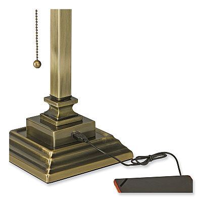 V-Light LED Banker's Lamp with Green Shade, USB Charging Port, Candlestick Neck, 15" High, Antique Brass (VLUSVCA150402GR)