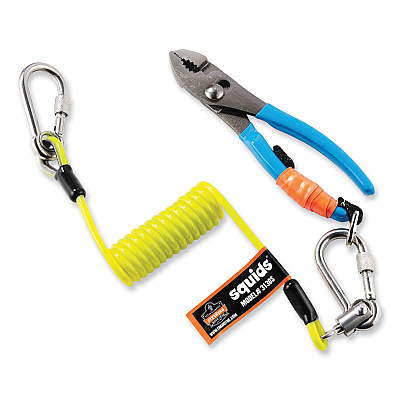 ergodyne Squids 3130S Coiled Cable Lanyard with Carabiners, 2 lb Max Working Capacity, 6.5" to 48" Long, Lime (EGO19130)